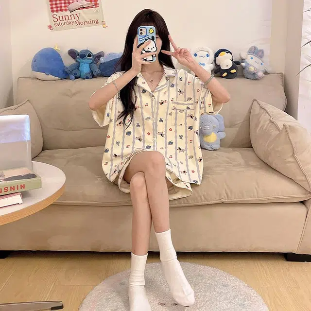 俏韵 翻领短袖薄款甜美可爱家居服可外穿睡衣套装 女款 杏色