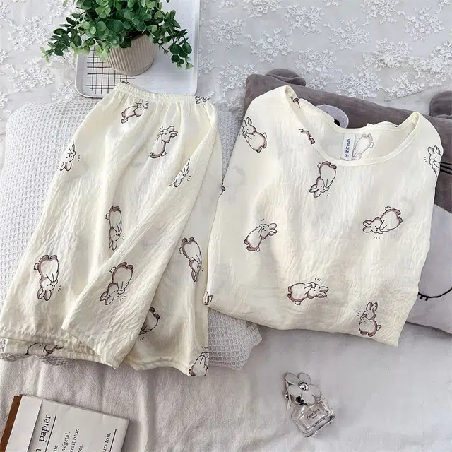 俏韵 圆领卡通兔子夏季云朵棉甜美可爱短袖短裤舒适薄款家居服可外穿睡衣套装 女款
