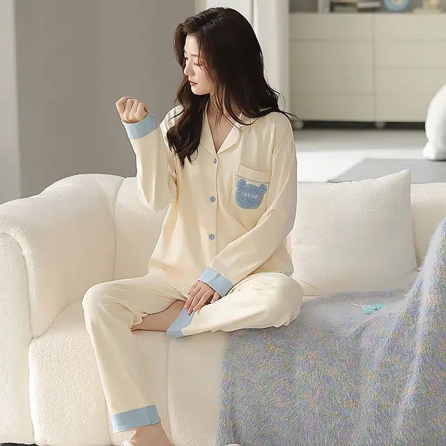 俏韵 翻领卡通春秋季纯棉简约长袖长裤甜美印花可爱舒适家居服可外穿睡衣套装 男女同款