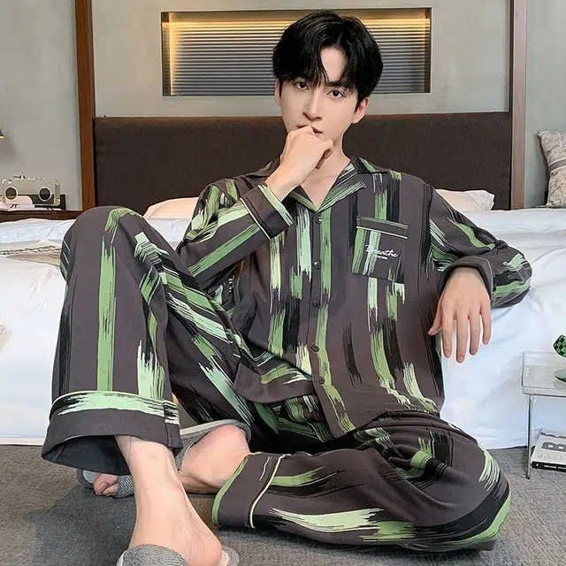 俏韵 翻领春秋季简约印花长袖长裤休闲开衫薄款家居服可外穿睡衣套装 男款