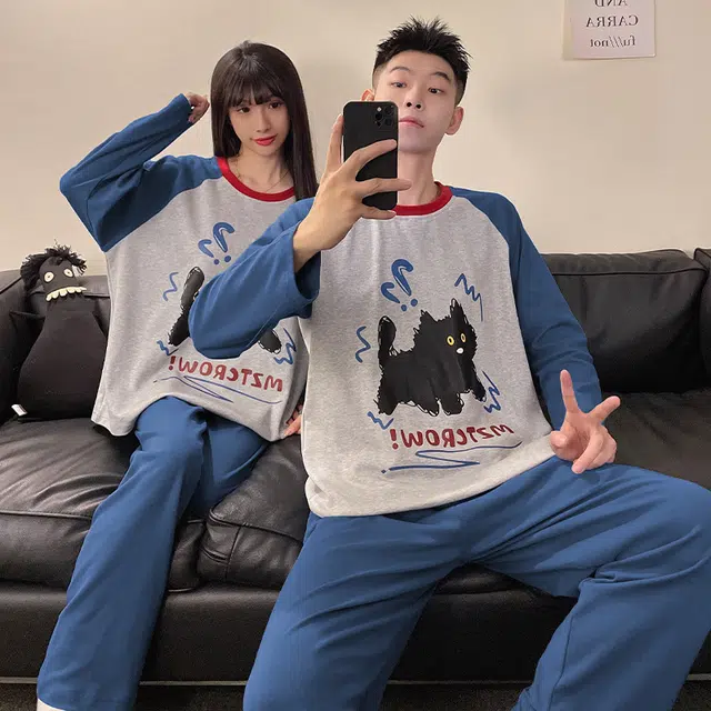 俏韵 圆领卡通春秋季简约长袖长裤甜美印花可爱舒适家居服可外穿睡衣套装 男女同款