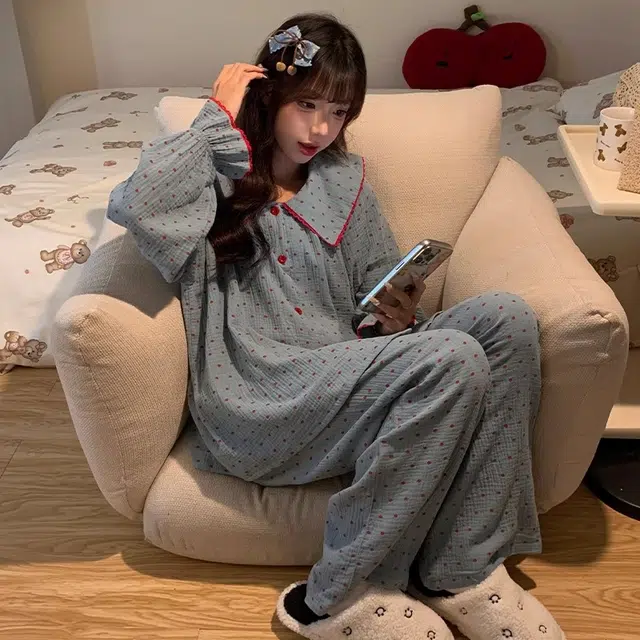 俏韵 波点休闲长袖长裤甜美外穿家居服睡衣套装 女款 蓝色