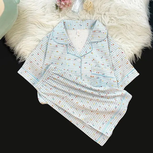 俏韵 翻领夏季云朵棉短袖短裤开衫甜美可爱家居服可外穿睡衣套装 女款