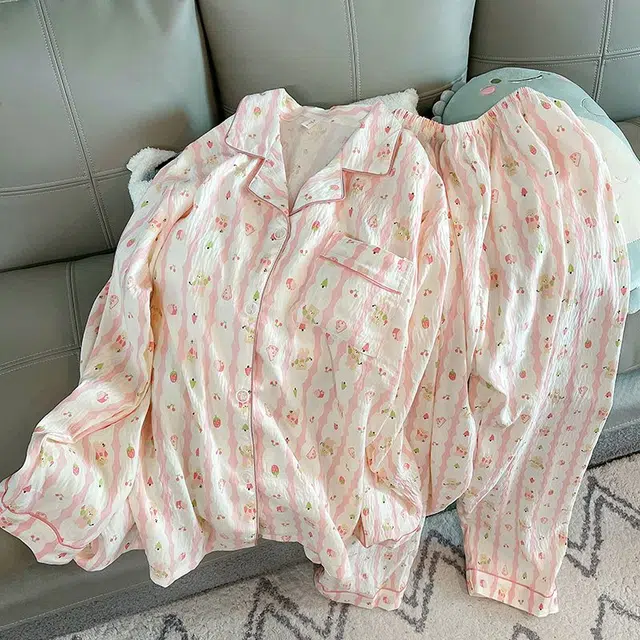 俏韵 翻领卡通条纹春秋季云朵棉甜美可爱长袖长裤开衫休闲舒适薄款家居服可外穿睡衣套装 女款