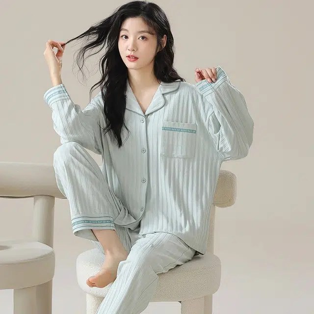 俏韵 翻领春秋季简约风长袖长裤开衫甜美可爱休闲舒适薄款家居服可外穿睡衣套装 女款