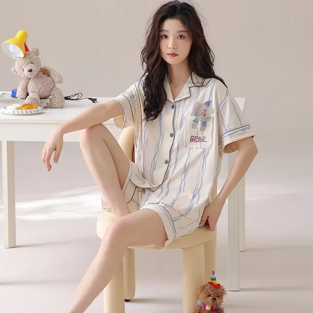 俏韵 翻领休闲纯棉卡通短袖薄款家居服可外穿睡衣套装 男女同款