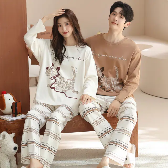 俏韵 圆领卡通春秋季款纯棉长袖长裤甜美印花可爱舒适薄款家居服可外穿睡衣套装 男女同款