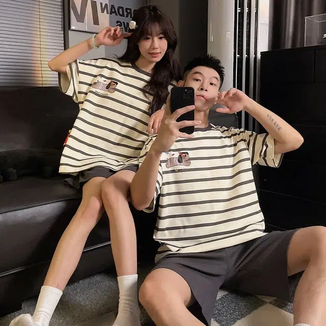 俏韵 圆领卡通仿棉短袖短裤大码家居服可外穿夏季睡衣套装 男女同款