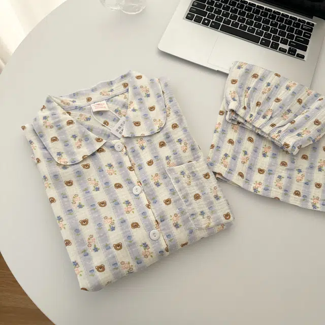 俏韵 翻领卡通条纹小熊夏季甜美格子可爱短袖短裤夏天休闲舒适薄款家居服可外穿睡衣套装 女款