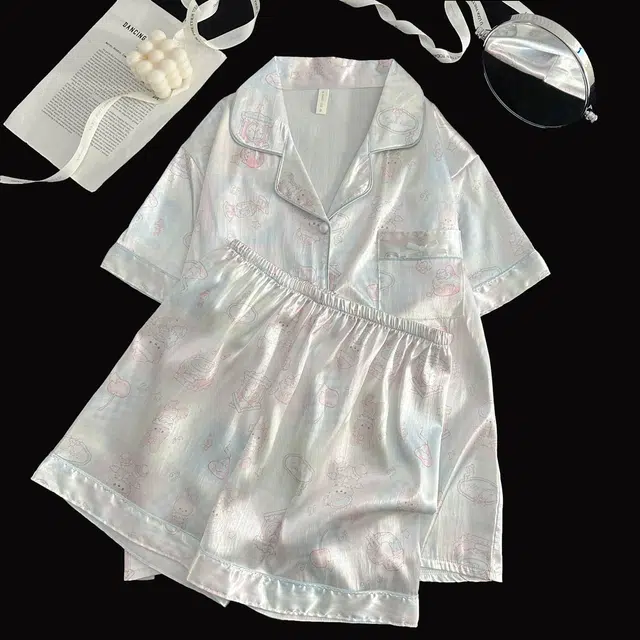 俏韵 翻领卡通夏季冰丝甜美短袖短裤休闲舒适薄款家居服可外穿睡衣套装 女款