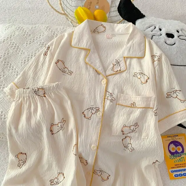 俏韵 翻领卡通夏季云朵棉短袖短裤甜美可爱舒适薄款家居服可外穿睡衣套装 女款