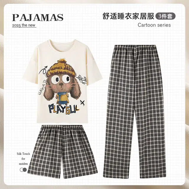 俏韵 圆领卡通夏季带胸垫短袖三件套甜美简约薄款舒适家居服可外穿睡衣套装 女款