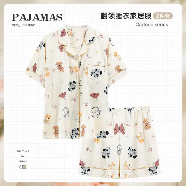 俏韵 翻领卡通甜美风短袖三分裤薄款家居服可外穿夏季睡衣套装 女款