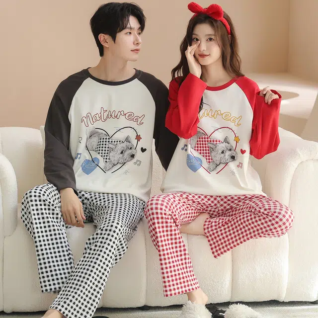 俏韵 圆领卡通春秋季纯棉长袖长裤甜美印花可爱舒适薄款家居服可外穿睡衣套装 男女同款