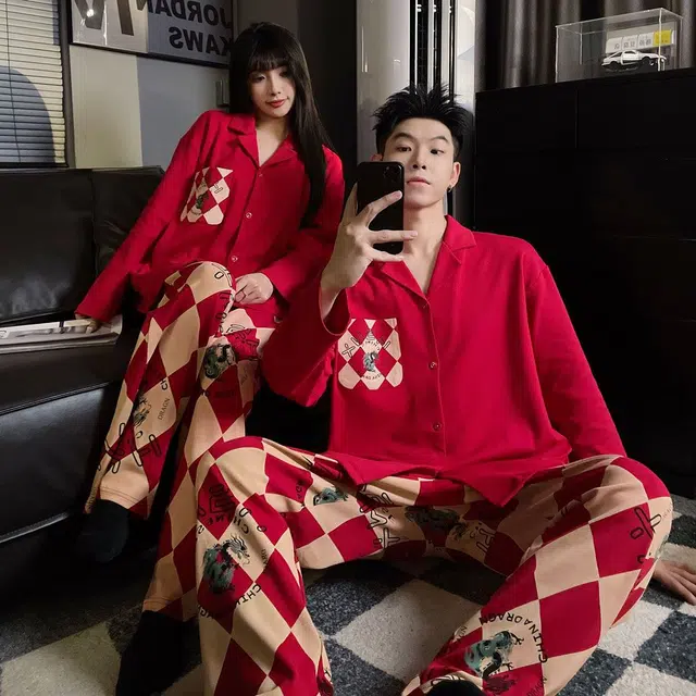 俏韵 翻领卡通春秋季长袖长裤甜美时尚舒适高级感家居服可外穿睡衣套装 男女同款