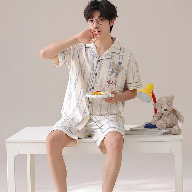 俏韵 翻领休闲纯棉卡通短袖薄款家居服可外穿睡衣套装 男女同款