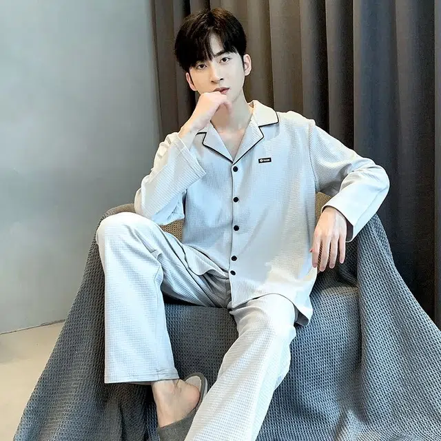 俏韵 翻领秋春季长袖长裤开衫休闲简约薄款家居服可外穿睡衣套装 男款