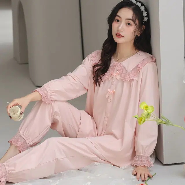 俏韵 翻领春秋季简约风长袖长裤甜美可爱休闲舒适薄款家居服可外穿睡衣套装 女款