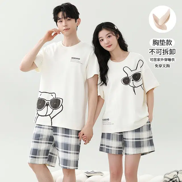 俏韵 简约格子短袖舒适休闲家居服睡衣套装 男女同款