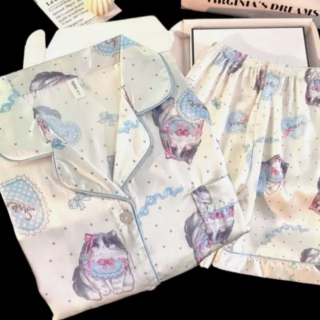 俏韵 翻领夏季卡通猫咪冰丝舒适短袖短裤甜美薄款家居服可外穿睡衣套装 女款