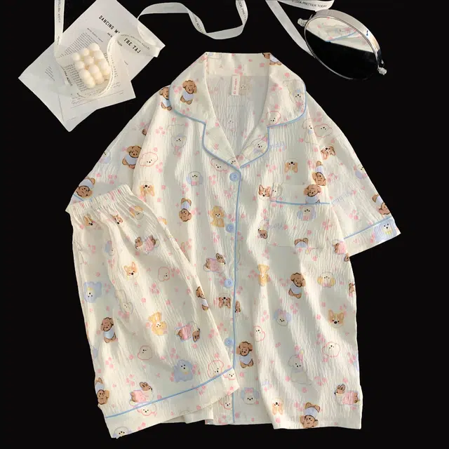 俏韵 翻领卡通夏季云朵棉短袖短裤甜美可爱舒适休闲薄款家居服可外穿睡衣套装 女款