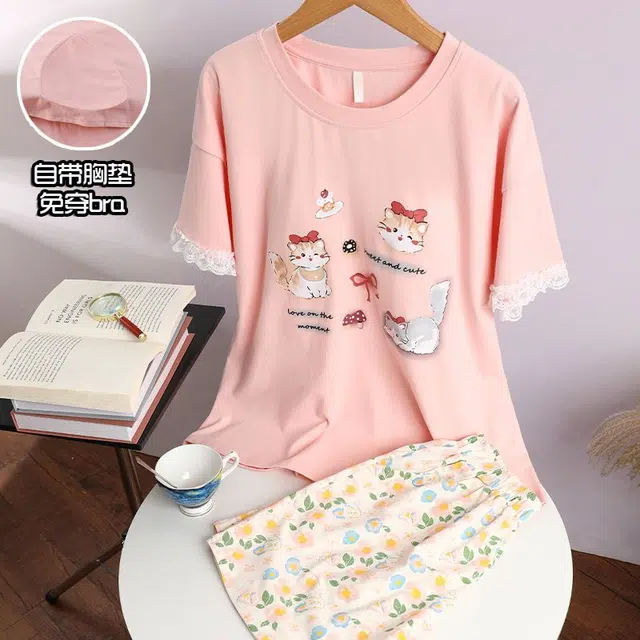 俏韵 圆领卡通短袖可爱带胸垫甜美家居服可外穿三分裤夏季睡衣套装 女款