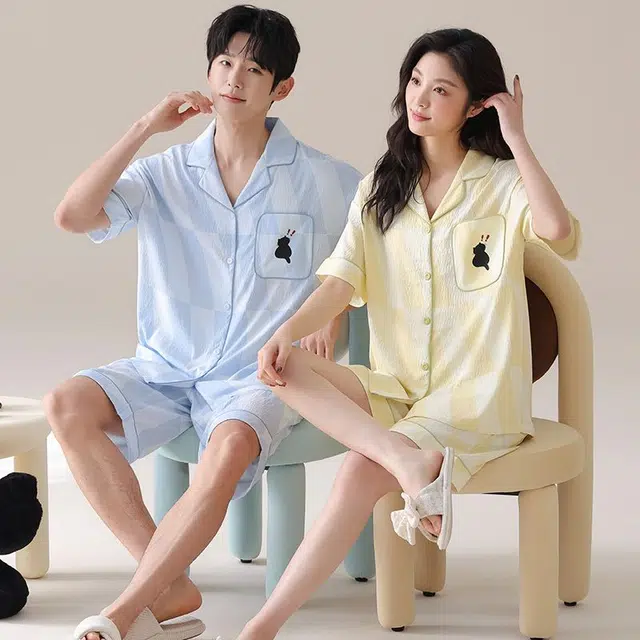 俏韵 翻领卡通简约短袖家居服可外穿睡衣套装 男女同款