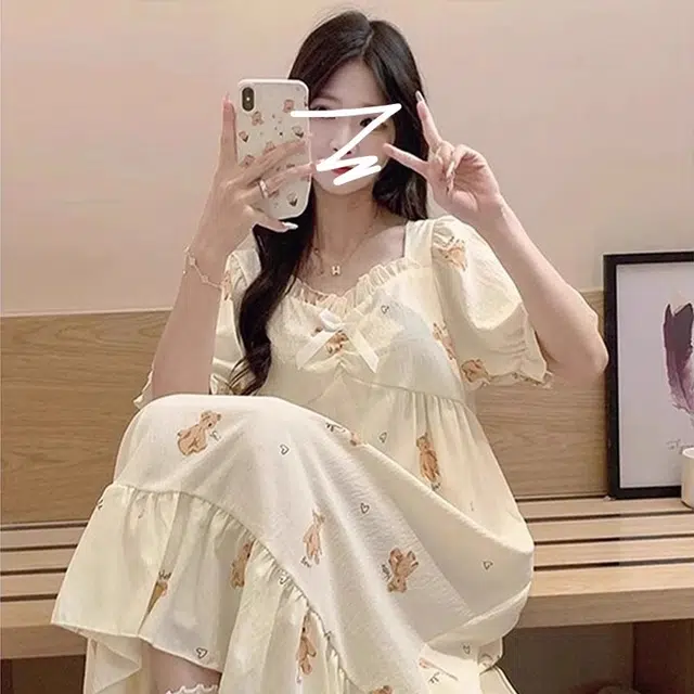 俏韵 卡通小熊甜美可爱带胸垫短袖家居服睡裙 女款