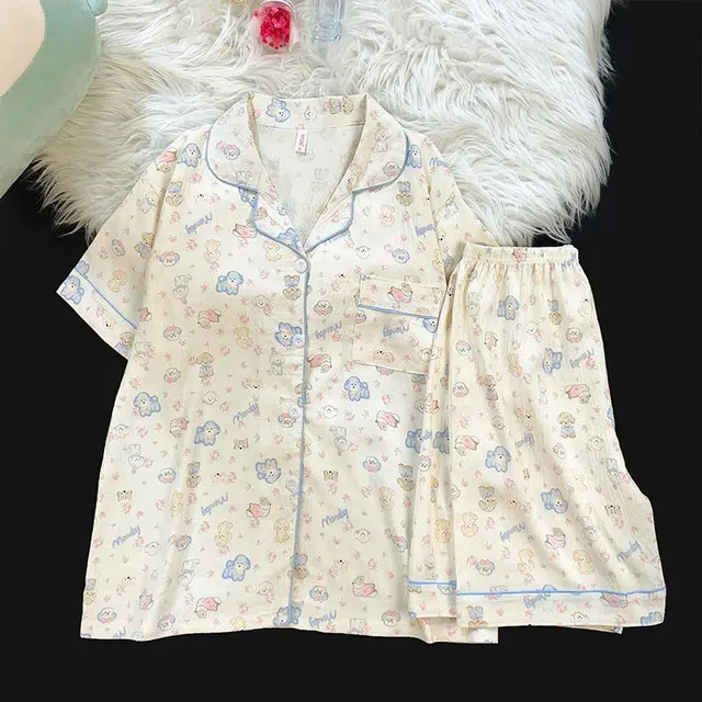俏韵 翻领卡通狗狗夏季云朵棉甜美可爱亲肤短袖短裤薄款家居服可外穿睡衣套装 女款