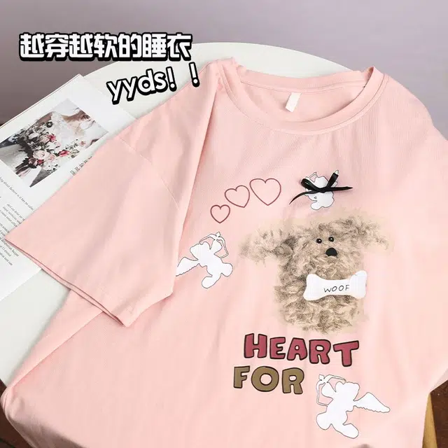 俏韵 圆领卡通短袖可爱套头带胸垫甜美家居服可外穿睡衣套装 女款