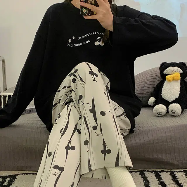 俏韵 圆领春秋季仿棉长袖简约印花休闲风甜美薄款舒适家居服可外穿睡衣套装 女款