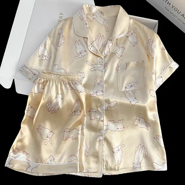 俏韵 翻领夏季冰丝舒适凉感短袖甜美可爱薄款家居服可外穿睡衣套装 女款