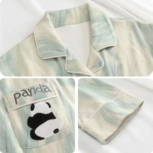 俏韵 翻领熊猫舒适简约长袖长裤家居服可外穿睡衣套装 男女同款