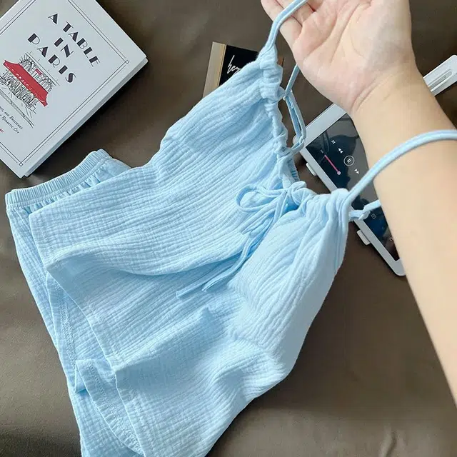 俏韵 圆领夏季吊带短裤简约甜美可爱舒适薄款家居服可外穿睡衣套装 女款