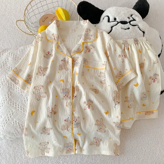 俏韵 翻领卡通小熊夏季云朵棉印花开衫短袖短裤甜美可爱家居服可外穿睡衣套装 女款
