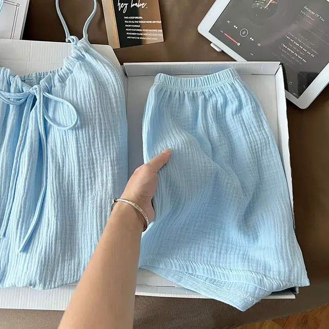 俏韵 圆领夏季吊带短裤简约甜美可爱舒适薄款家居服可外穿睡衣套装 女款