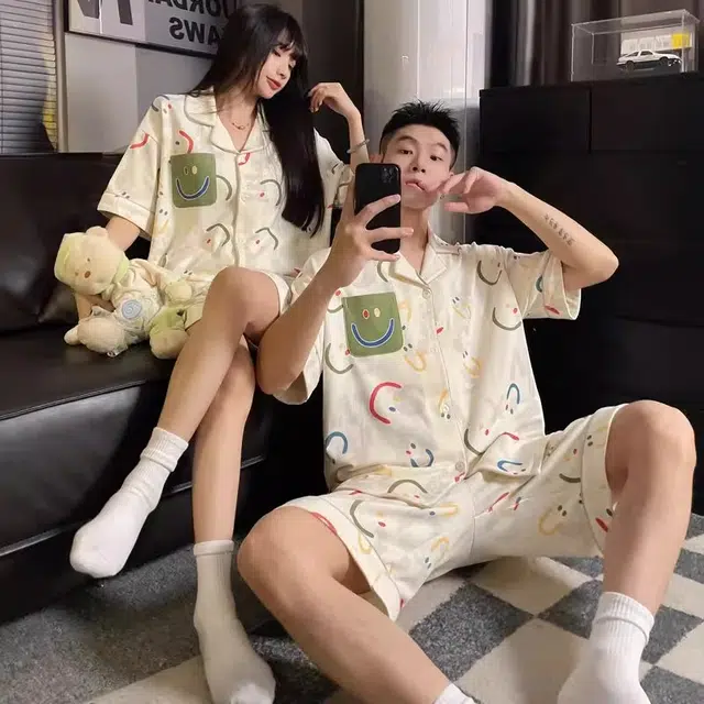俏韵 翻领卡通笑脸短袖舒适凉爽家居服可外穿夏季睡衣套装 男女同款 图片色