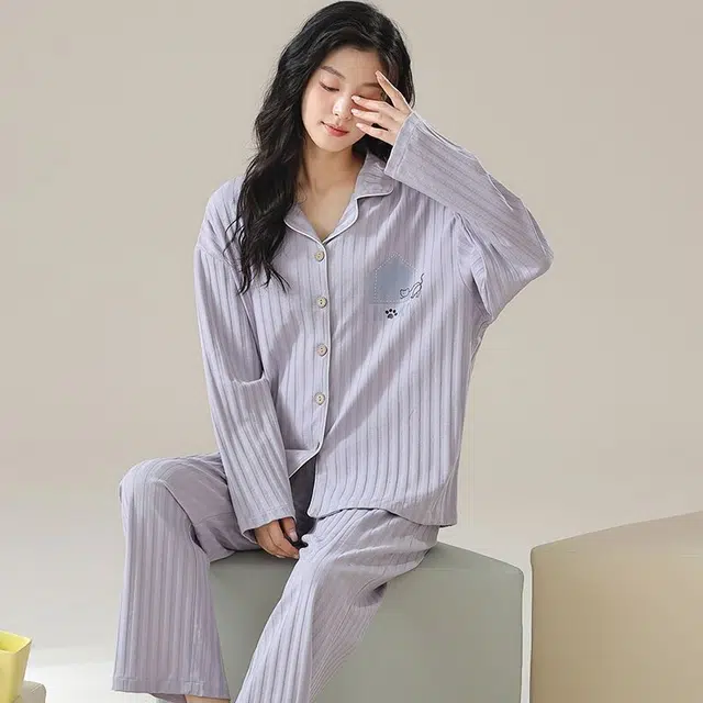 俏韵 翻领春秋季简约条纹长袖开衫甜美可爱休闲风舒适薄款家居服可外穿睡衣套装 女款