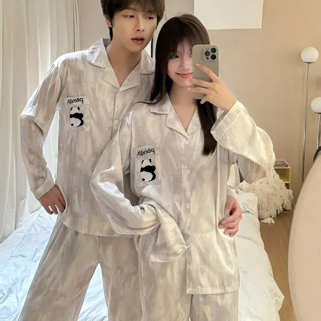 俏韵 开衫翻领长袖熊猫可外穿家居服睡衣套装 男女同款