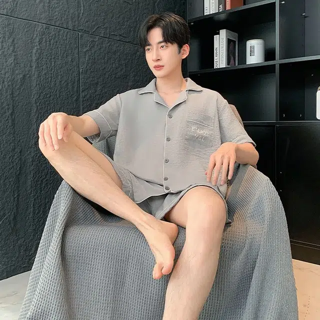 俏韵 韩版翻领短袖休闲简约家居服可外穿睡衣套装 男款