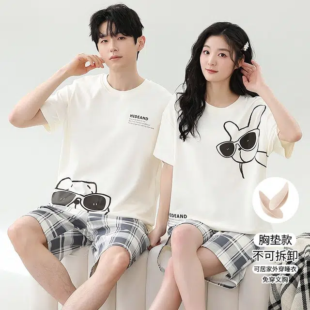 俏韵 简约格子短袖舒适休闲家居服睡衣套装 男女同款