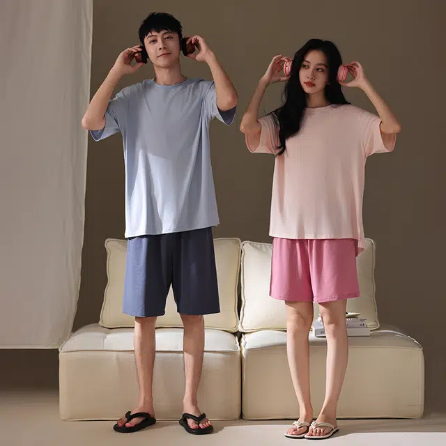 俏韵 凉感带胸垫休闲短袖薄款可外穿睡衣套装 男女同款