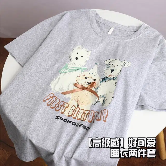 俏韵 圆领卡通短袖可爱套头带胸垫家居服可外穿睡衣套装 女款