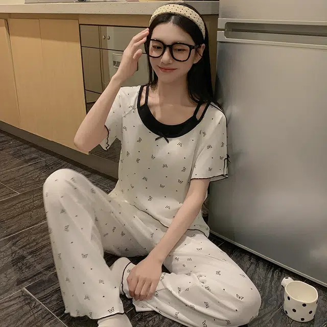 俏韵 甜美短袖三件套舒适带胸垫家居服可外穿睡衣套装 女款