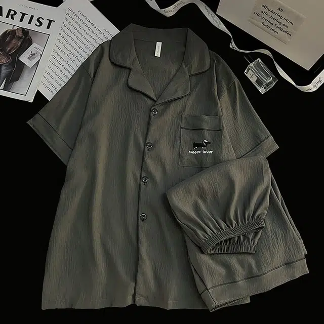 俏韵 翻领夏季云朵棉双短两件套简约纯色刺绣开衫薄款家居服可外穿睡衣套装 男款