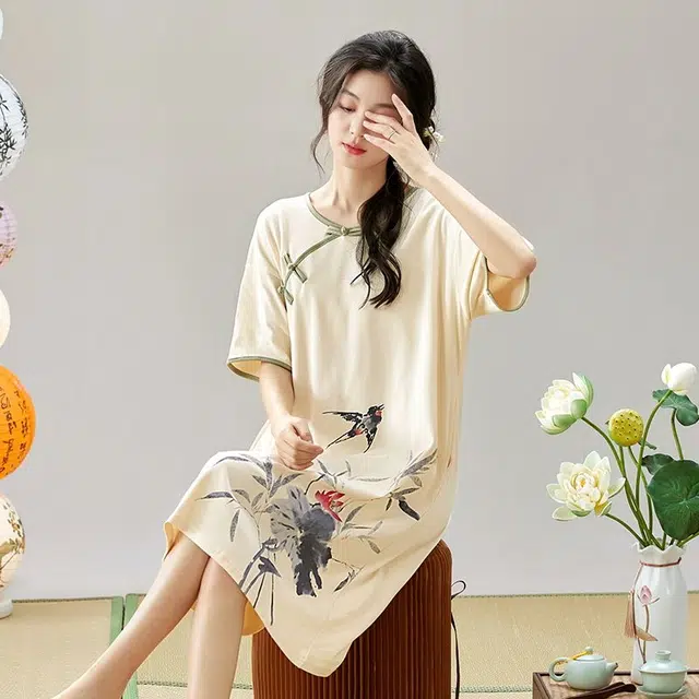 俏韵 圆领中国风短袖简约甜美风中长款家居服可外穿睡裙 女款