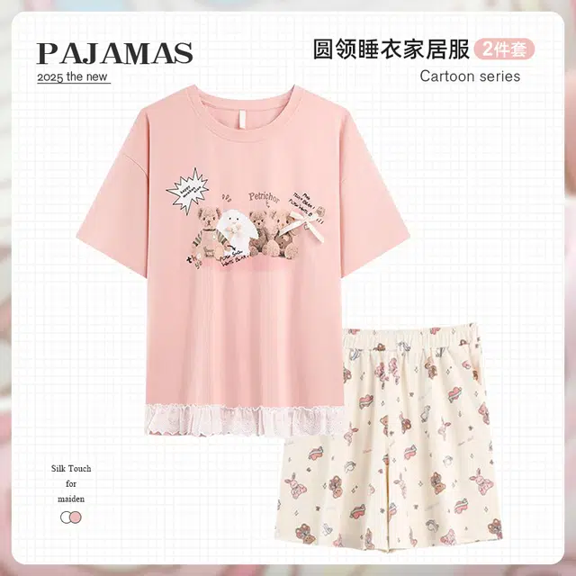 俏韵 圆领卡通短袖短裤可爱套头带胸垫甜美家居服可外穿夏季款睡衣套装 女款