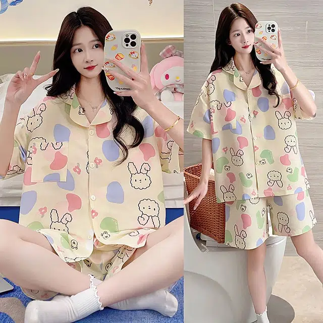 俏韵 翻领卡通舒适凉感短袖甜美薄款家居服可外穿睡衣套装 女款