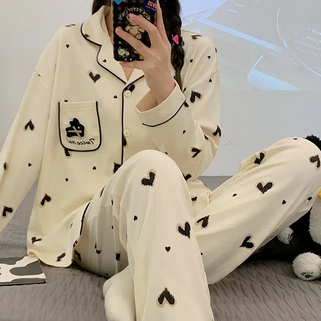 俏韵 翻领春秋季仿棉长袖长裤简约风休闲甜美可爱舒适薄款家居服可外穿睡衣套装 女款