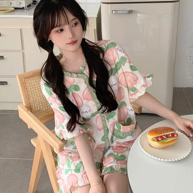 俏韵 甜美郁金香短袖短裤舒适家居服夏季睡衣套装 女款